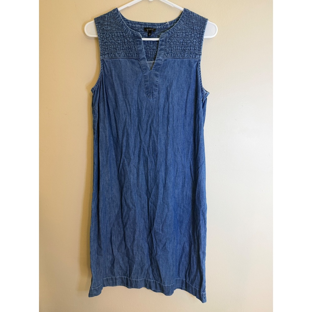 VTG Talbots Womens 6 Blue Textured Sleeveless Dress V Neck Shift Boho Casual
